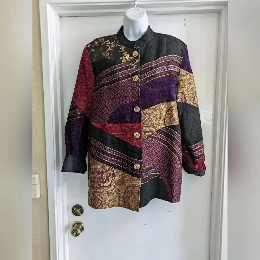 NWT Indigo Moon Button Front Brocade Jacket Chenille Patchwork Embroidered SizeL